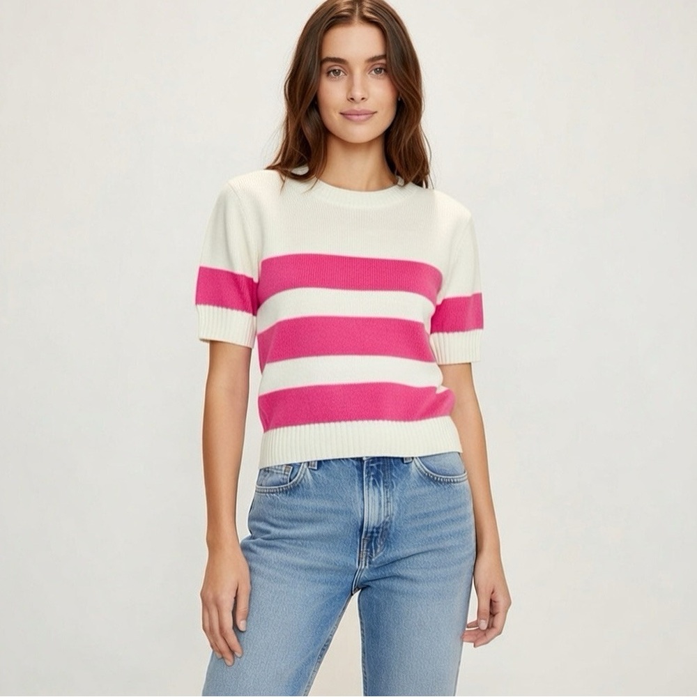 Alexia Admor Knit Pink And Cream striped Short‎ Sleeve Sweater Size M C46